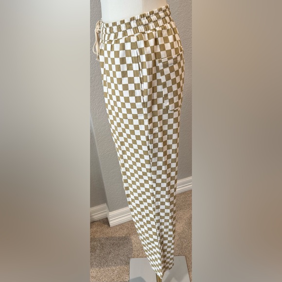 Solai The Label Cream & Tan Checkered Cotton Track Pants w/ Pockets & Drawstring - Picture 5 of 9